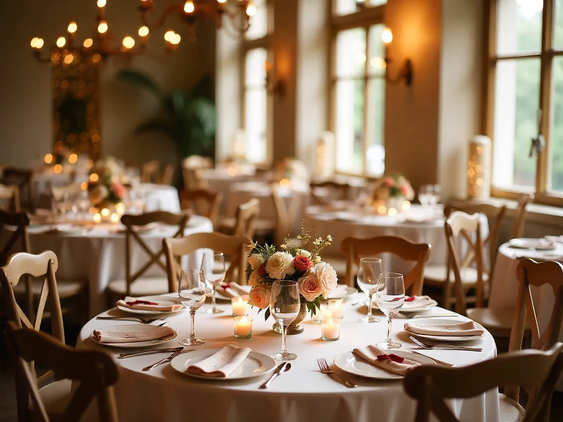 Ambiente festivo con decoración personalizada, mesas decoradas y elementos artesanales para eventos únicos y memorables